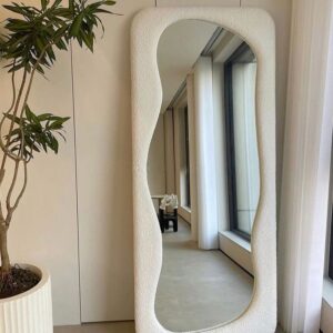 Irregular Wavy Full-Length Mirror - 63"x24" Wave Arched Floor Mirror with Flannel-Wrapped Wooden Frame (White)